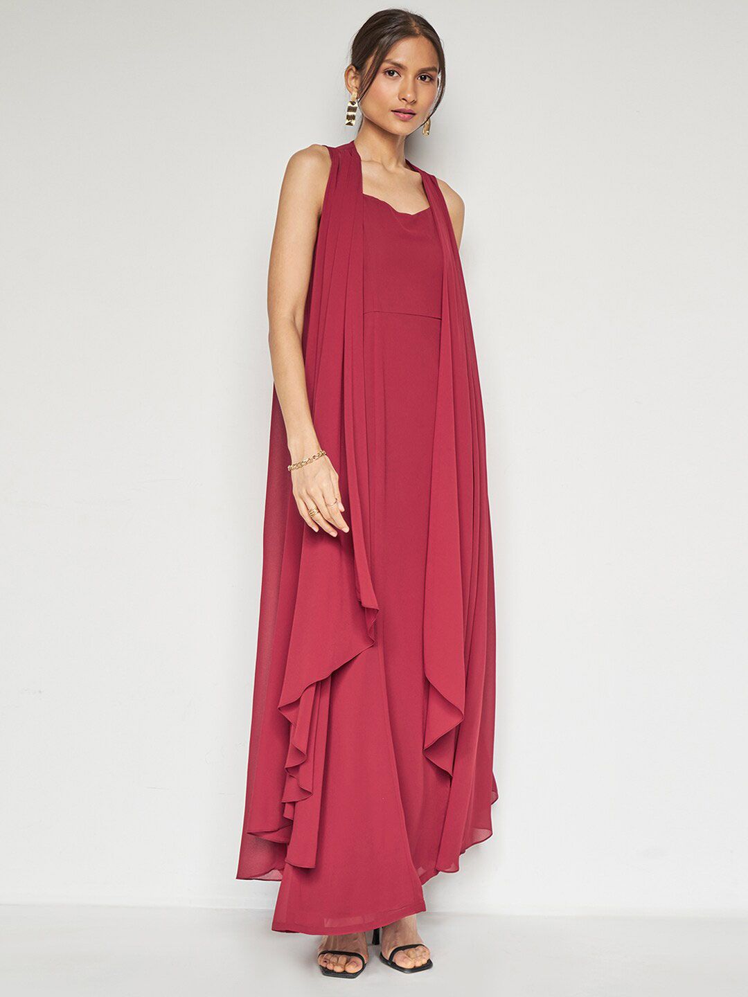 AND Halter Neck Tie-Up Detail Smocked Maxi Dress With Shrug