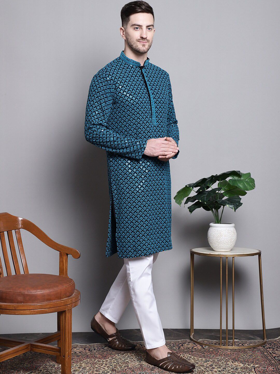 JOMPERS Geometric Commided Thread Work Sequinned Pure Cotton Kurta