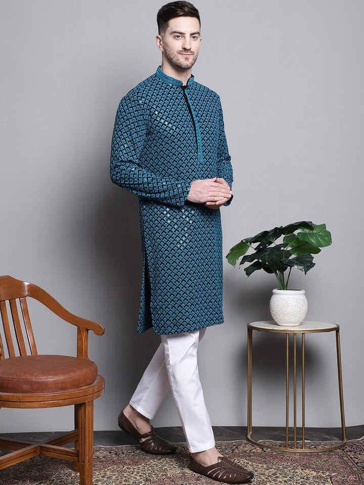 Jompers Geometric Embroidered Thread Work Sequinned Pure Cotton Kurta