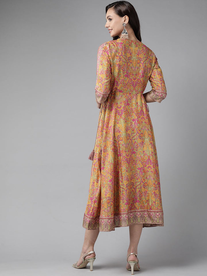 W Women Orange & Pink Printed Sequined Detail A-Line Ethnic Dress