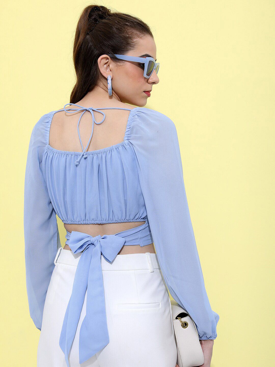 Tokyo Talkies Puff Sleeves Square Neck Gathered Crop Top