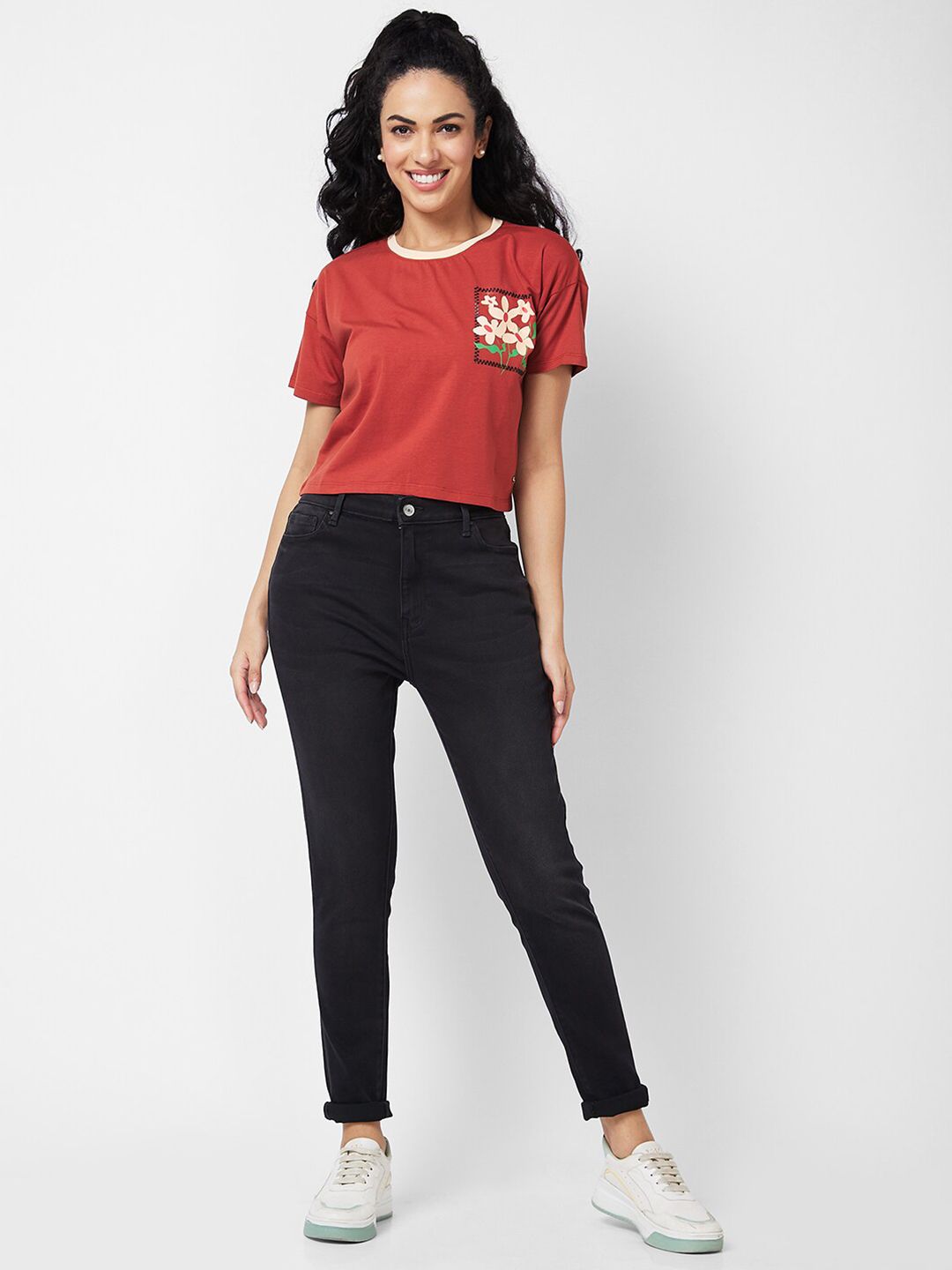 SPYKAR Self Design Round Neck Cotton Pocket Boxy T-shirt
