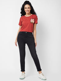 SPYKAR Self Design Round Neck Cotton Pocket Boxy T-shirt