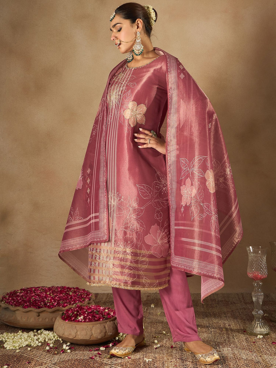 Indo Era Floral Printed Sequinned Straight Kurta With Trousers And Dupatta