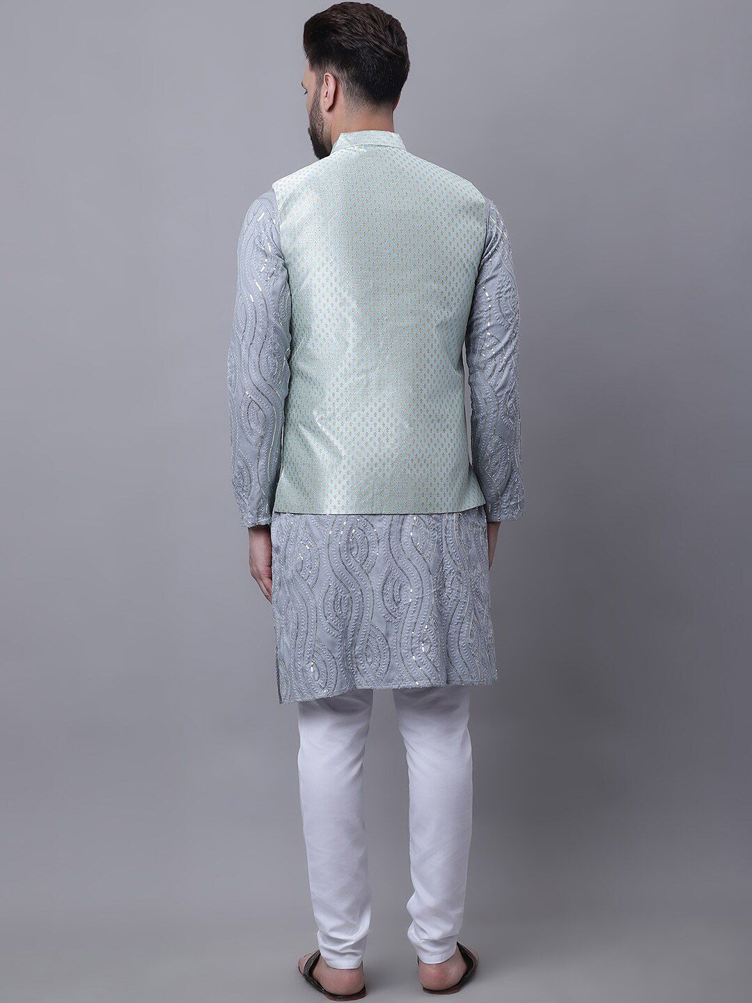 SOJANYA Motif Etnik Kurta Kapas Tulen Labuci Biasa Dengan Piyama & Jaket Nehru