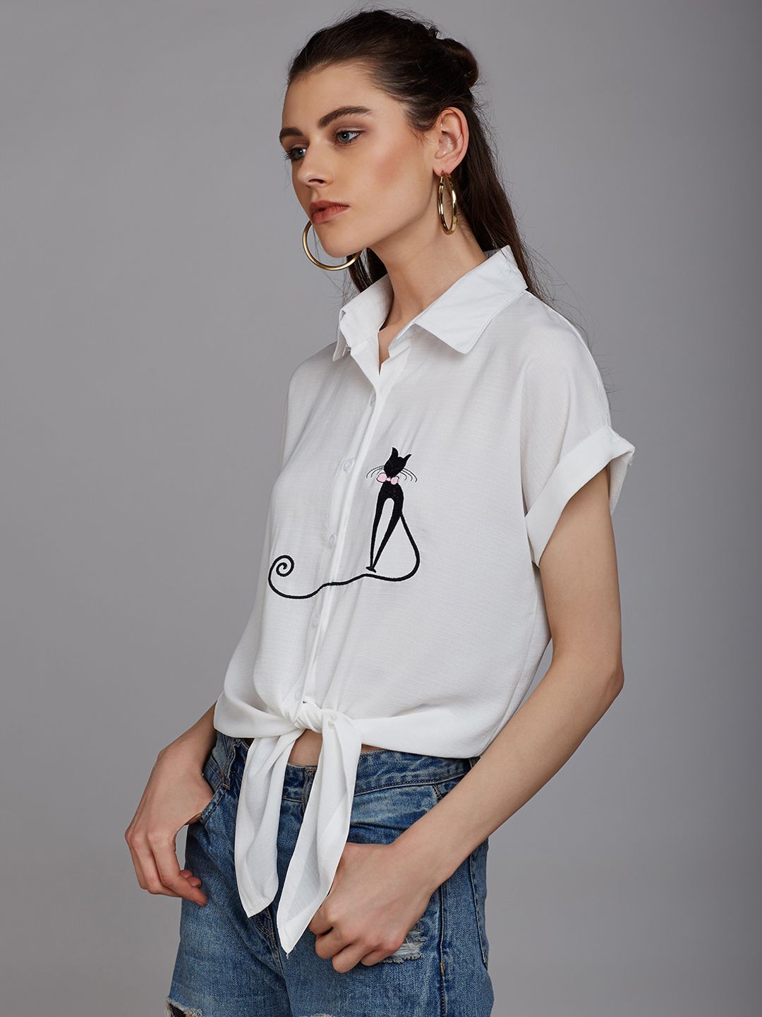 Berrylush Women White Casual Shirt with Embroidered Detail