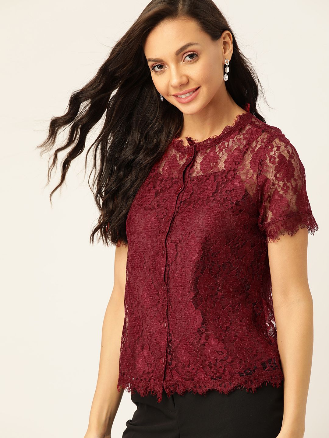 Renda renda diri dressberry maroon atas dengan slip