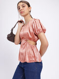 DressBerry Cut Out Detail Puff Sleeve Satin Top