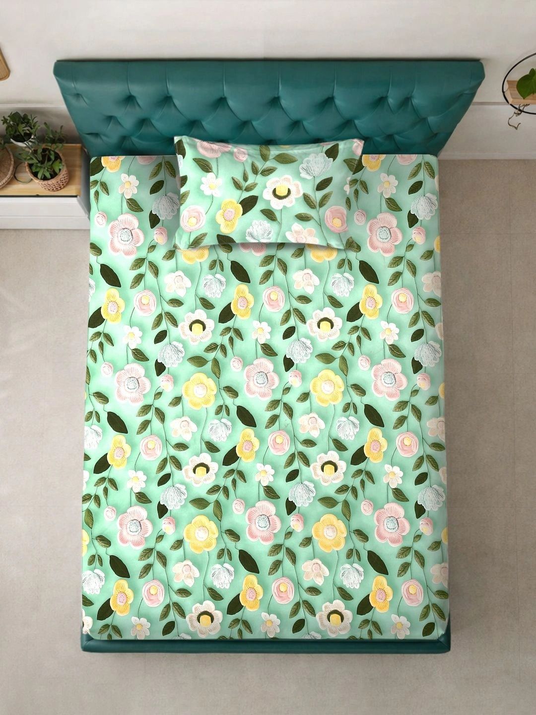 Moda Rapido X KLOTTHE Green & Pink Floral 300 TC Single Bedsheet with 1 Pillow Covers