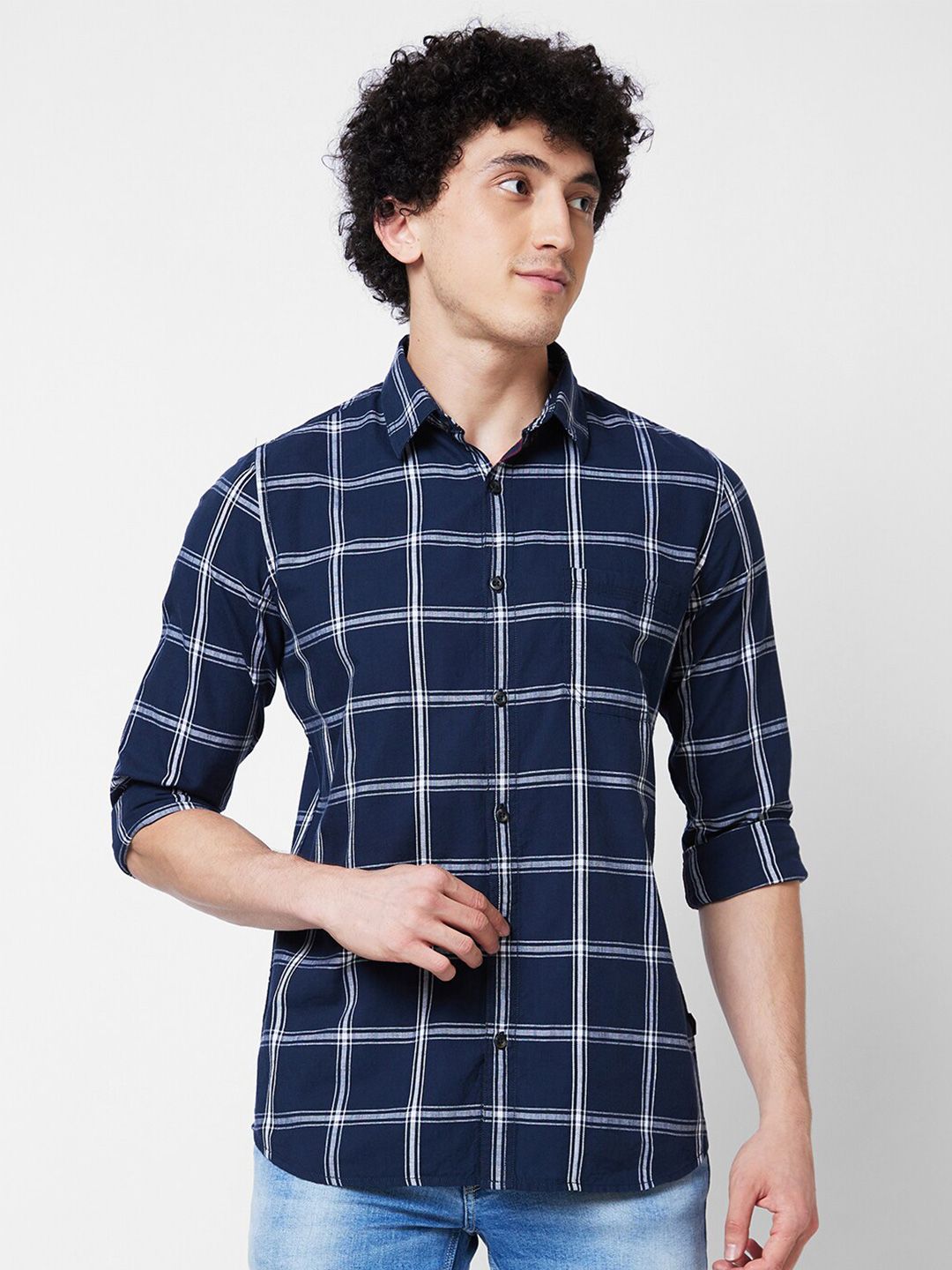 SPYKAR Spread Collar Long Sleeves Checked Regular Fit Casual Cotton Shirt