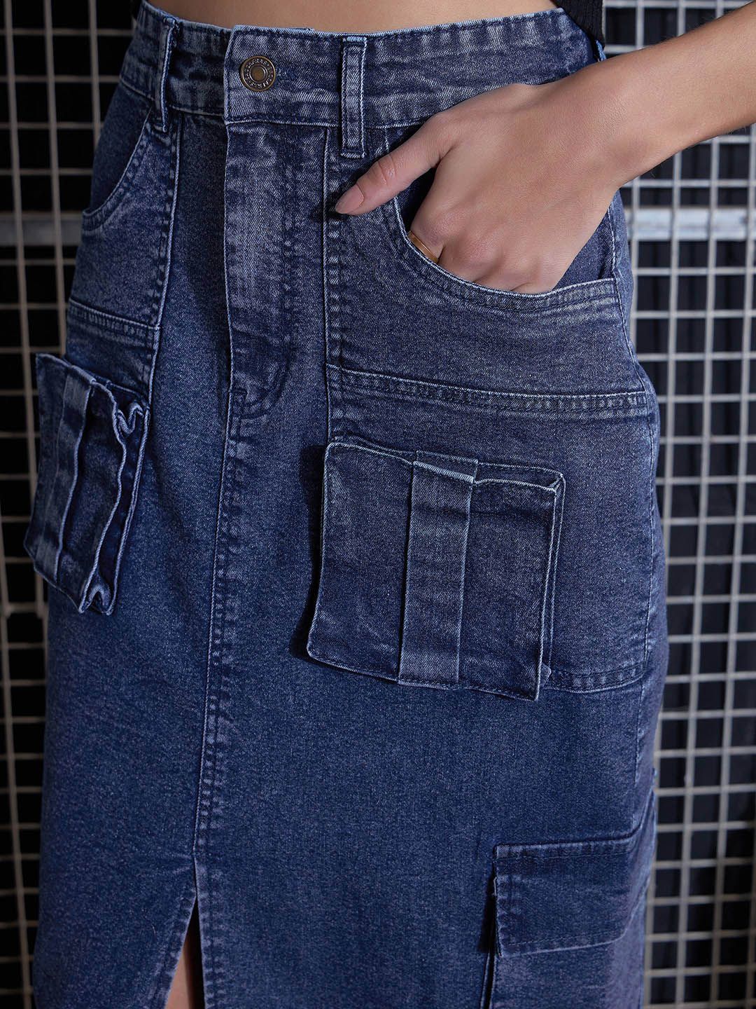 SASSAFRAS Blue Washed Cargo Pencil Midi Denim Skirt