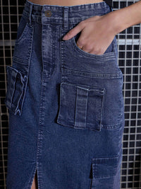 SASSAFRAS Blue Washed Cargo Pencil Midi Denim Skirt