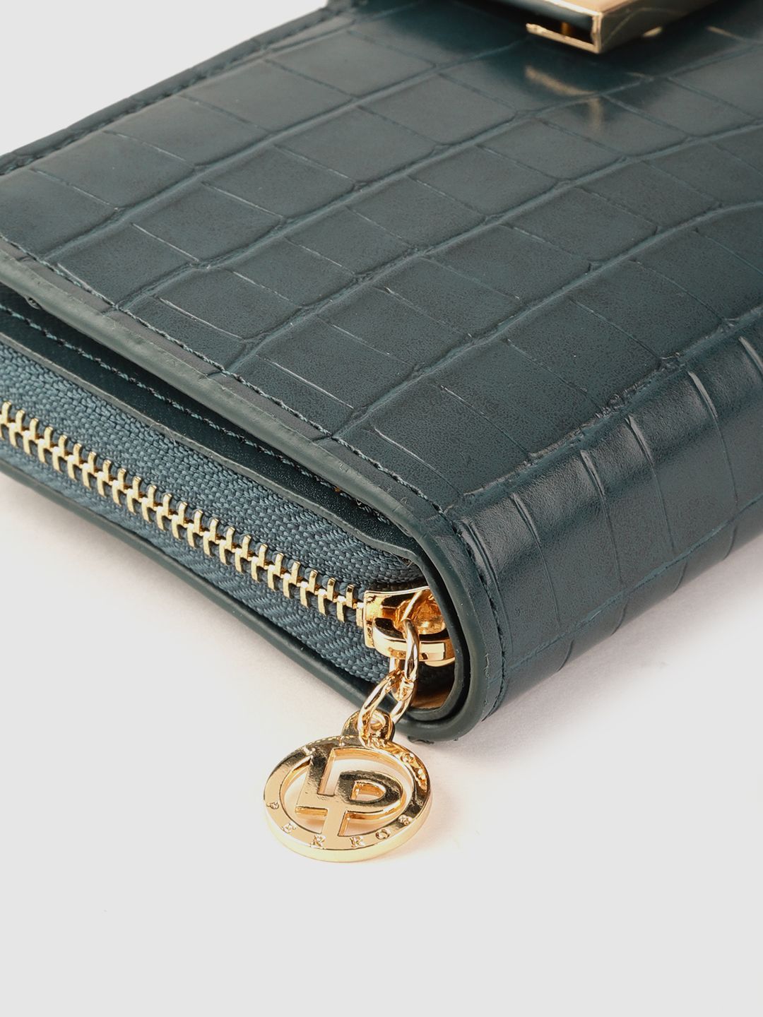 Lino Perros Women Teal Green Croc Textured Zip Around Wallet