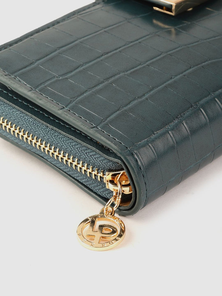 Lino Perros Women Teal Green Croc Textured Zip Around Wallet