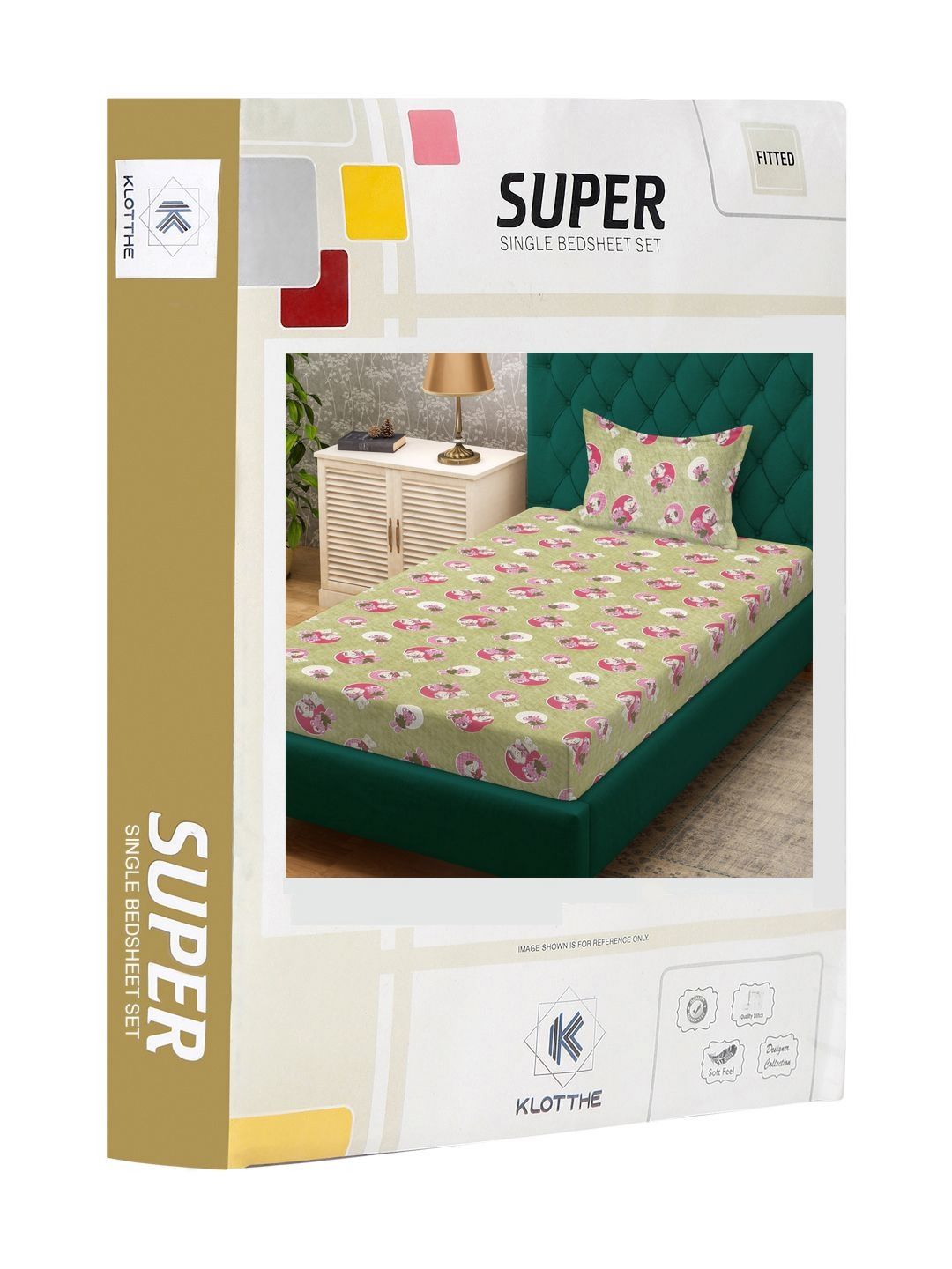 KLOTTHE Kids Green Printed 400TC Cotton Single Fitted Bedsheet Set 2.25m x 1.5m