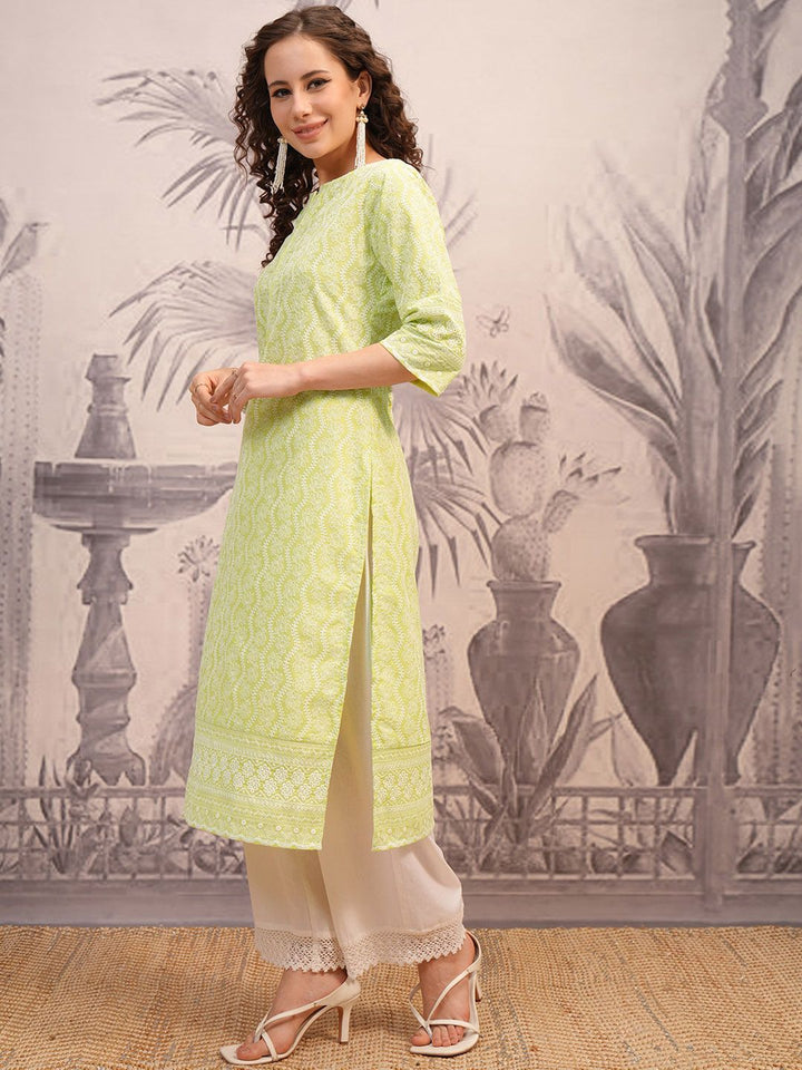Vishudh Lime Green Floral Embroidered Straight Kurta