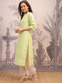 Vishudh Lime Green Floral Embroidered Straight Kurta