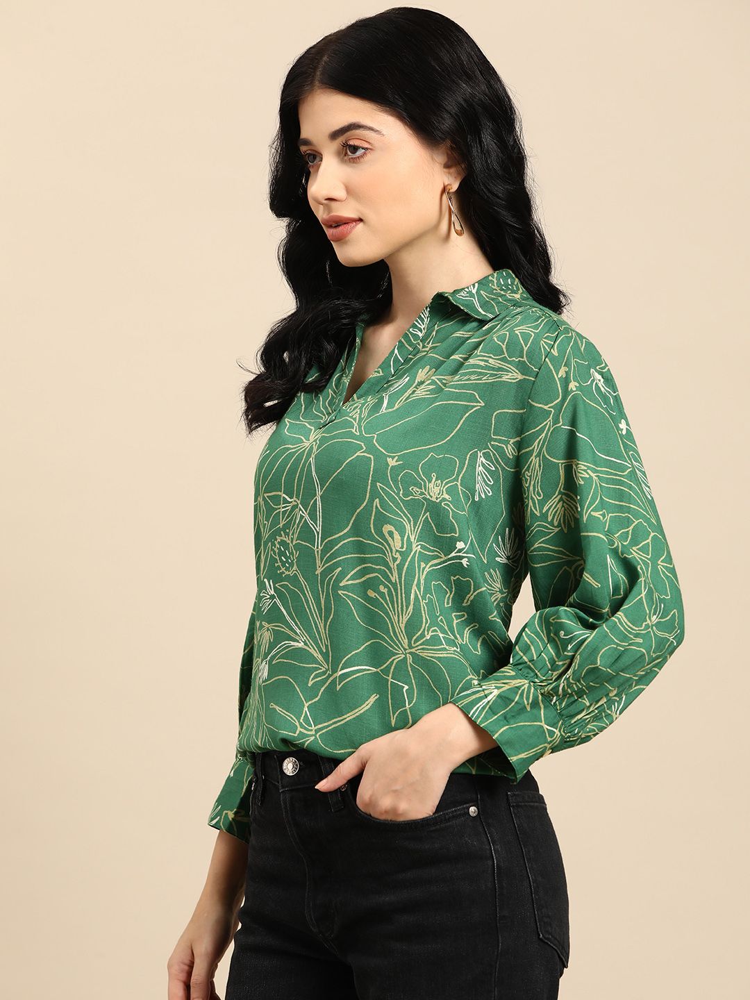 all about you Floral Print Puff Sleeves Shirt Style Top