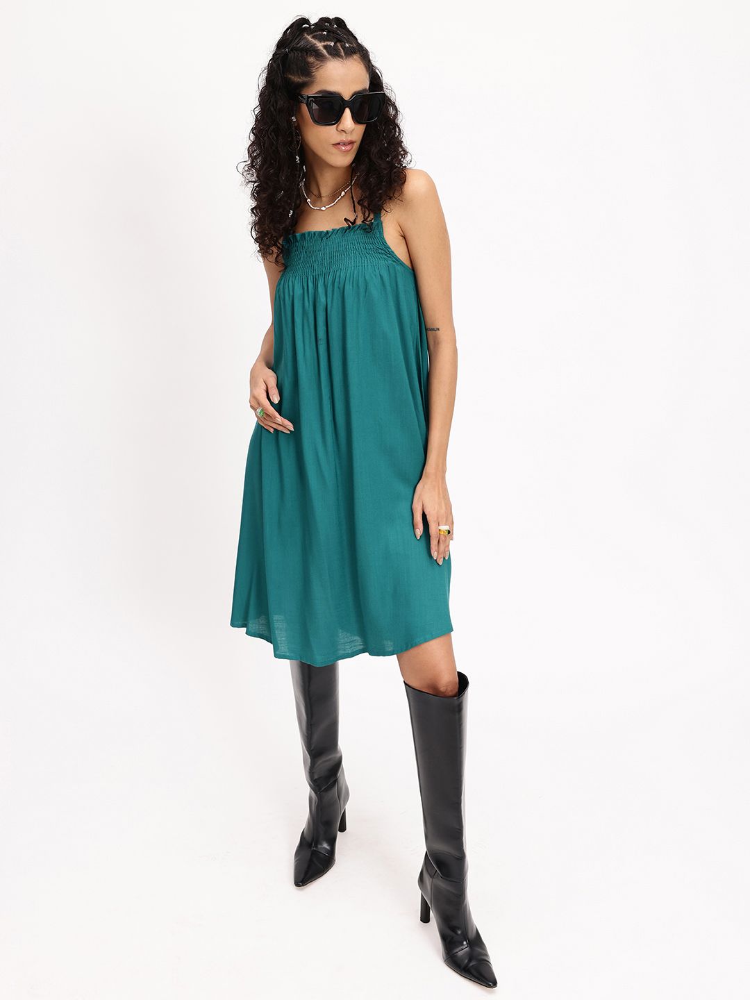 DressBerry Cascading Crush Bow Detailed Smocked A-Line Dress