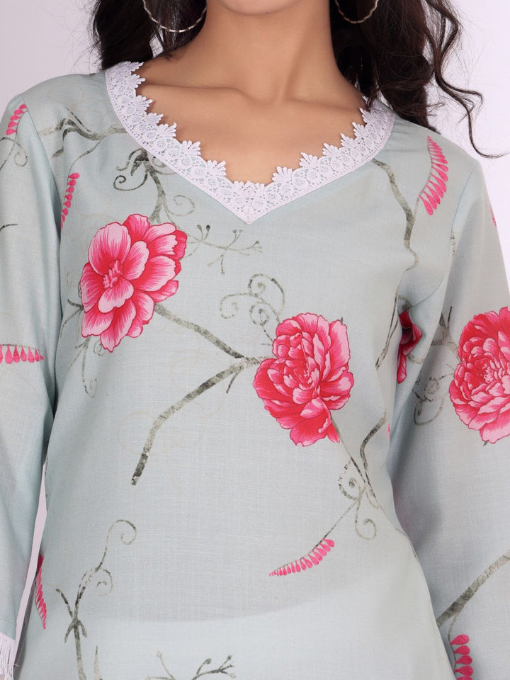 Varanga Floral Printed V-Neck Pure Cotton Straight Kurta
