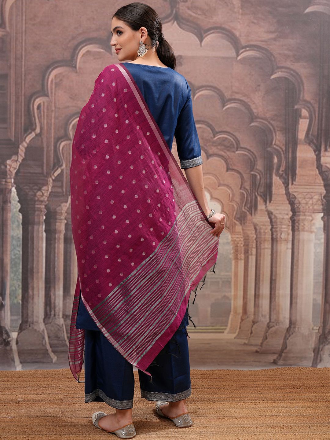 Vishudh Teal Ethnic Motifs Yoke Design Straight Kurta with Palazzo & Dupatta