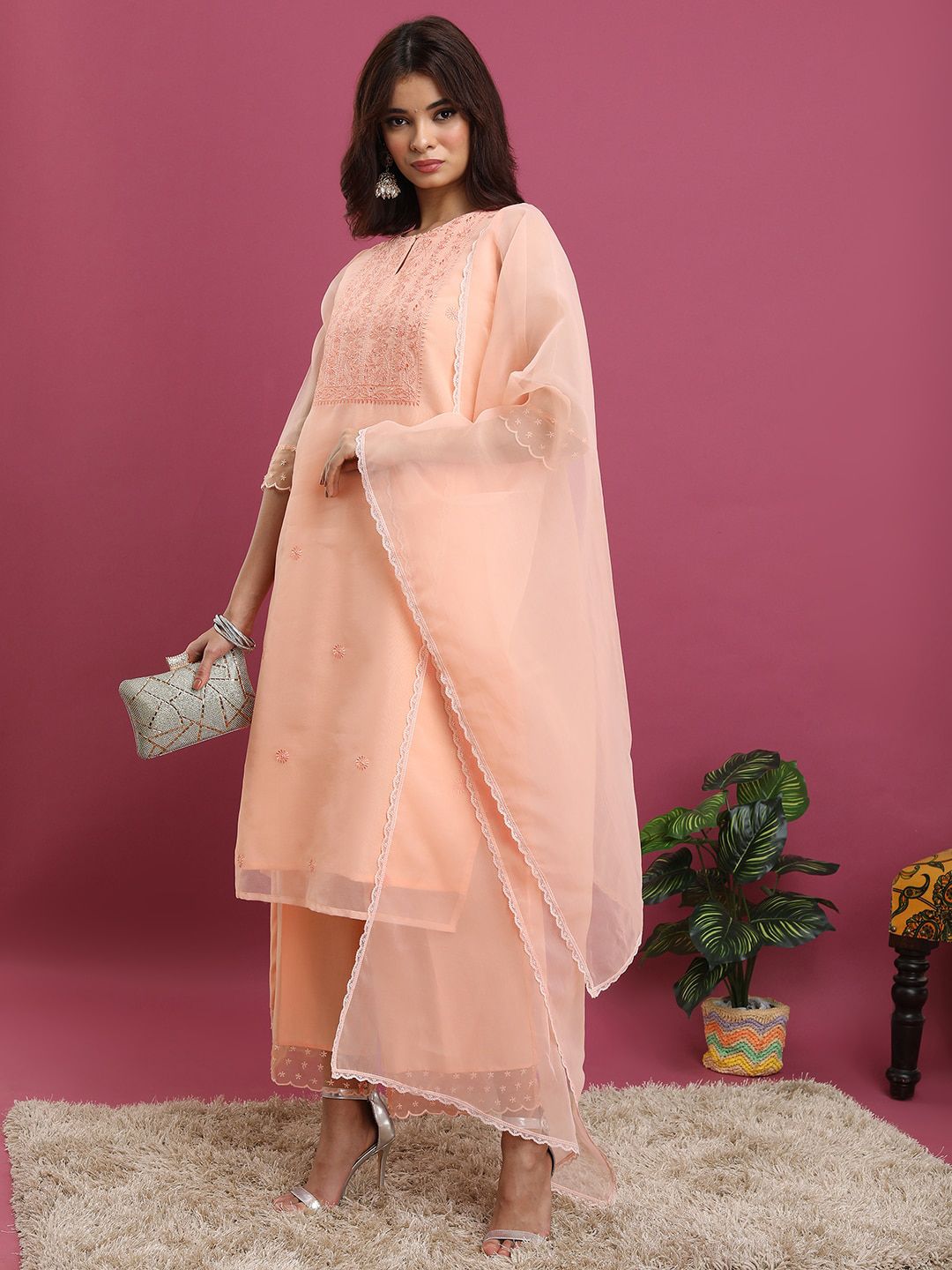 Vishudh Peach-Coloured Ethnic Motifs Yoke Design Thread Work Kurta With Palazzos & Dupatta