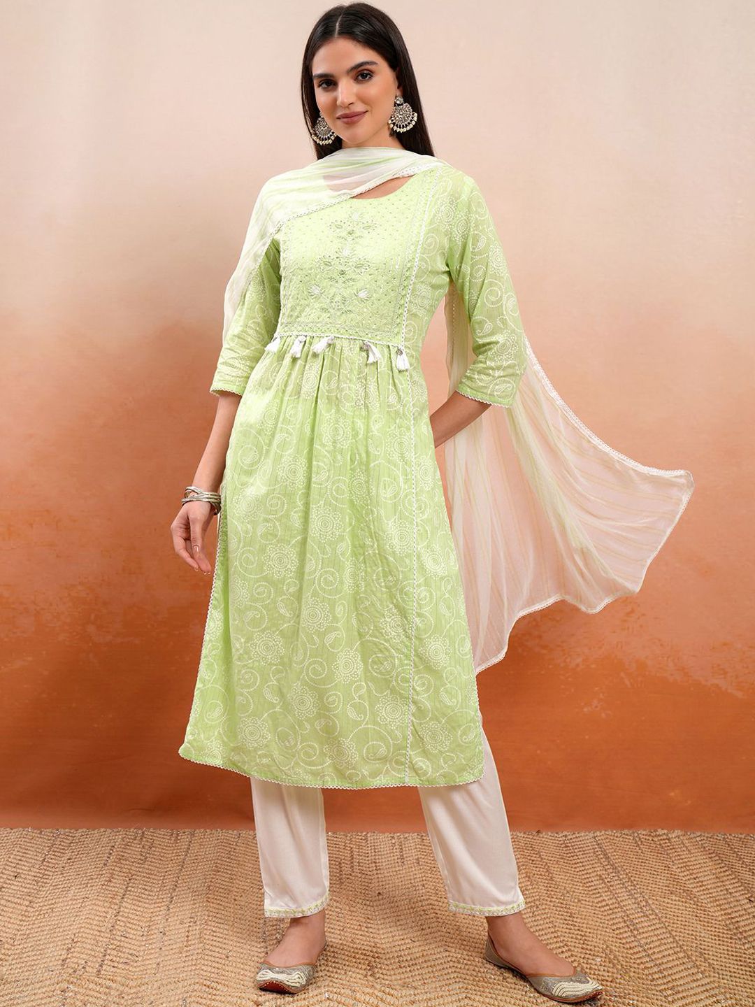 Vishudh Green Floral Printed Thread Work Pure Cotton A-Line Kurta With Trousers & Dupatta