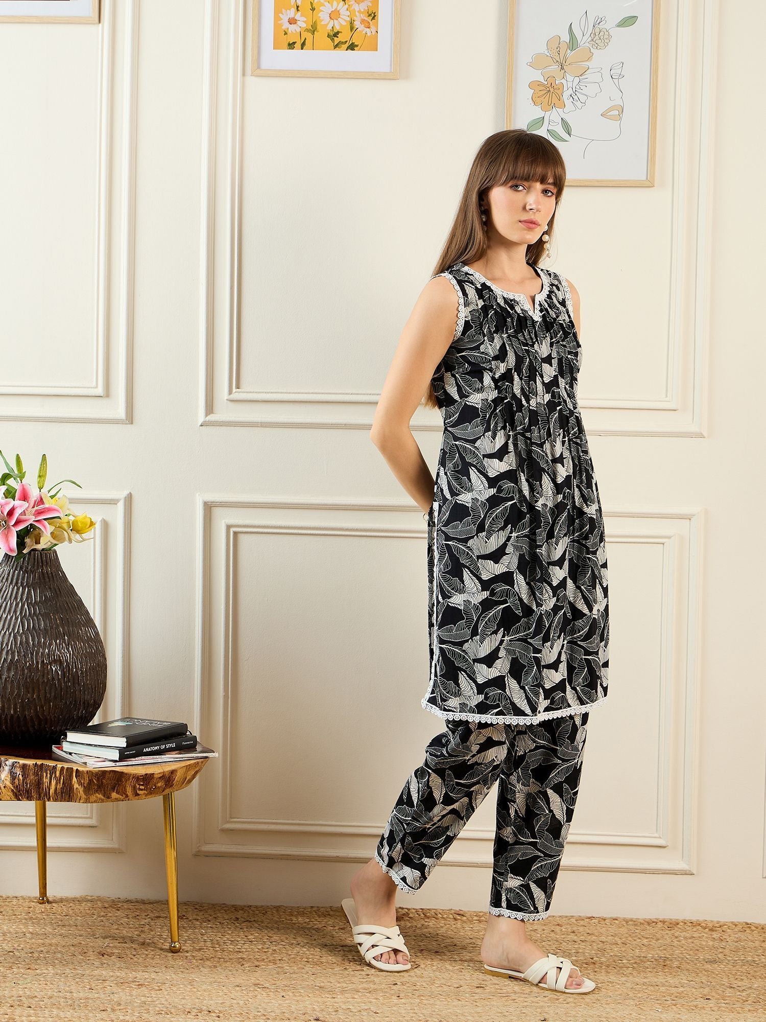 Indo Era Floral Printed Notch Neck Pure Cotton A-Line Kurta With Trouser