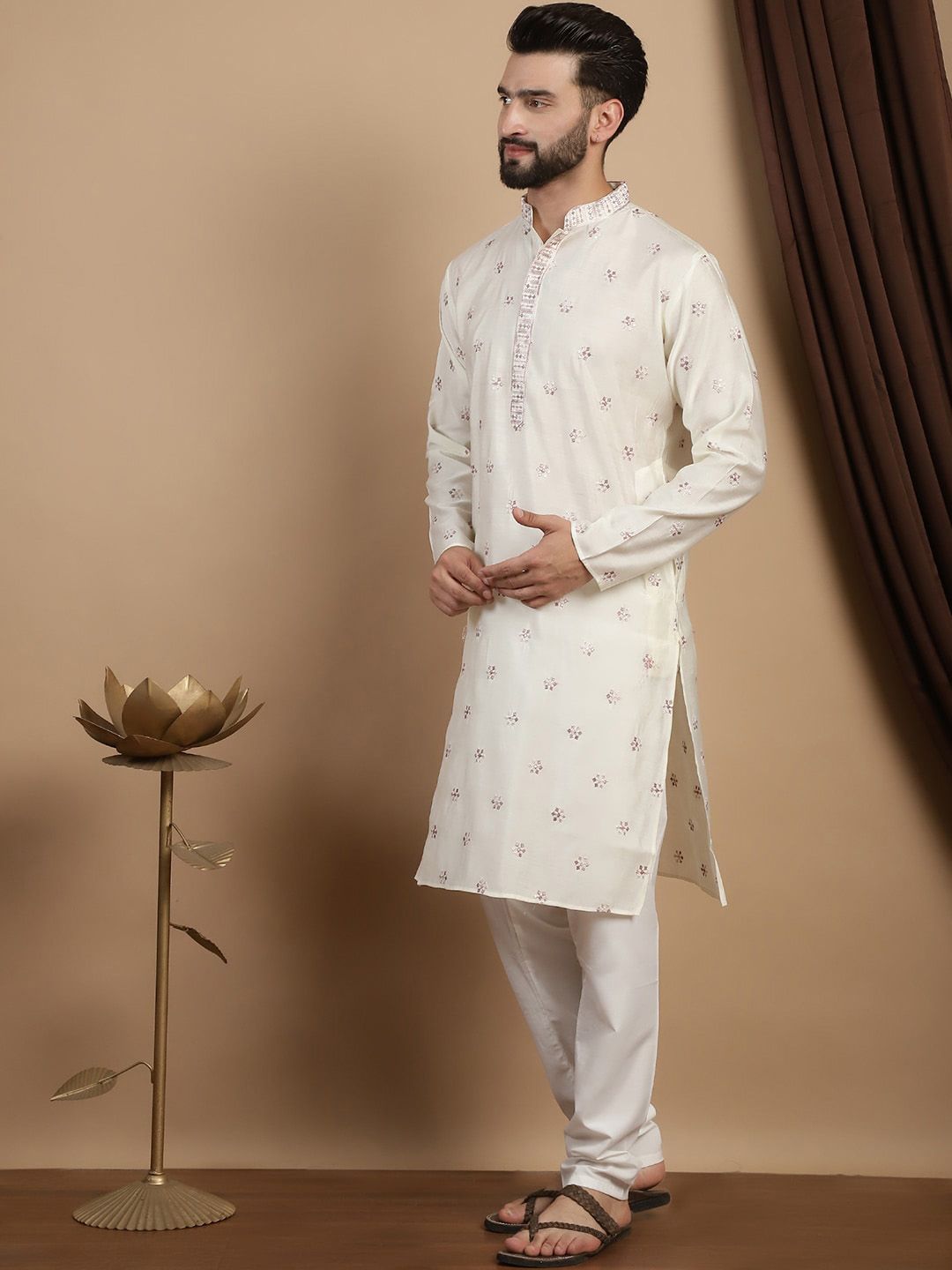 Anouk Embroidered Sequinned Mandarin Collar Long Sleeves Straight Kurta with Churidar