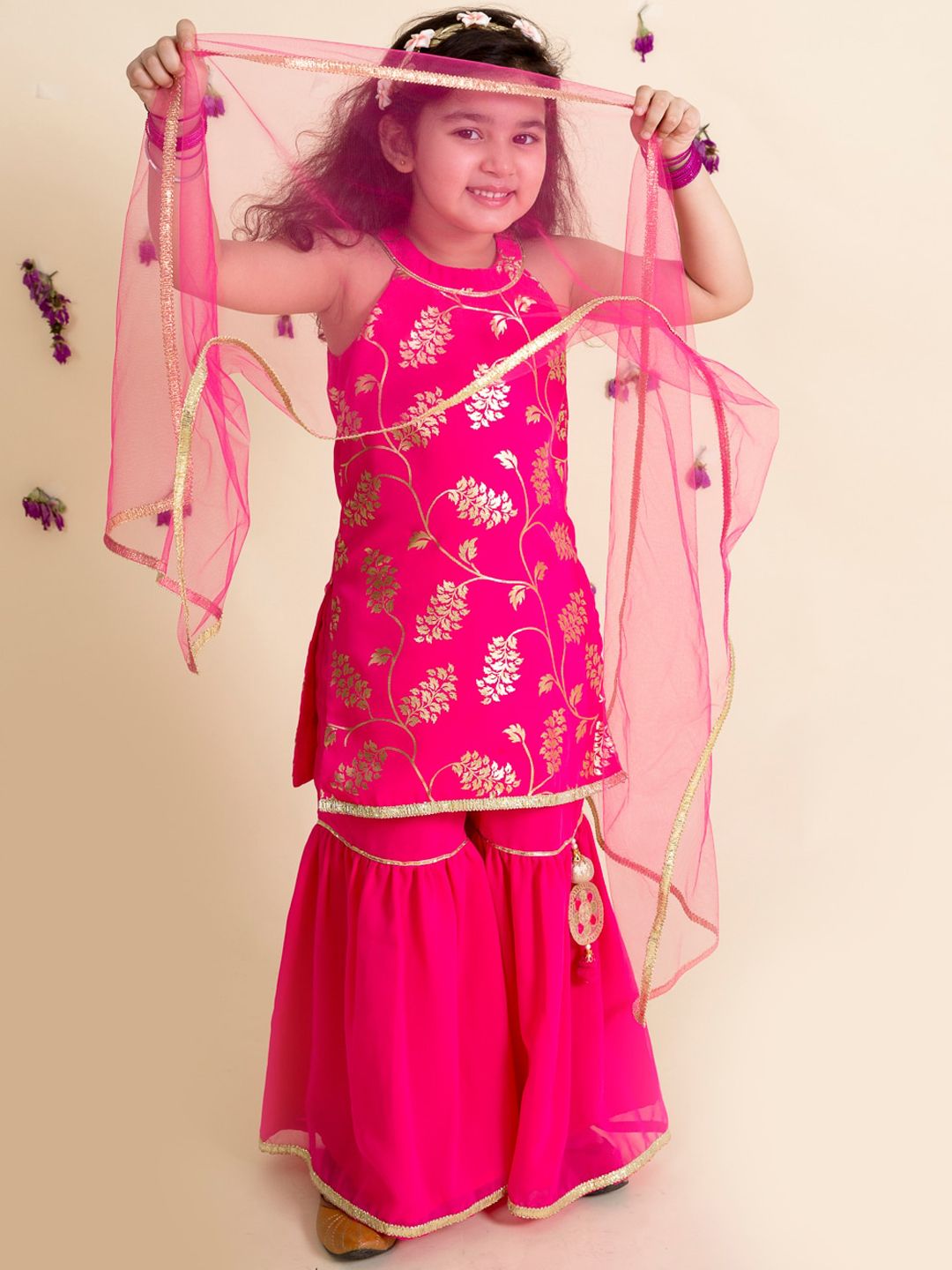 pspeaches Girls Magenta Floral Printed Kurta with Sharara & Dupatta