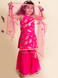 pspeaches Girls Magenta Floral Printed Kurta with Sharara & Dupatta