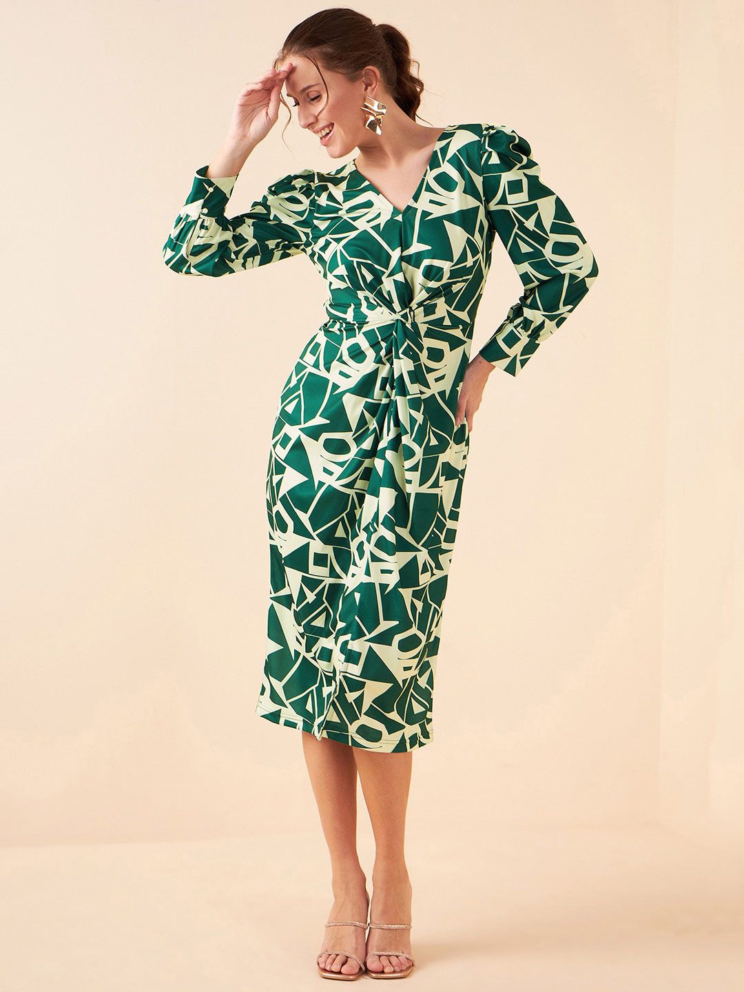 Antheaa Green Geometric Printed V-Neck Sheath Midi Dress