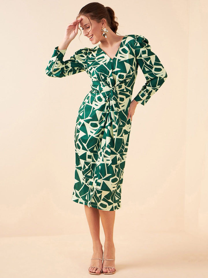 Antheaa Green Geometric Printed V-Neck Sheath Midi Dress