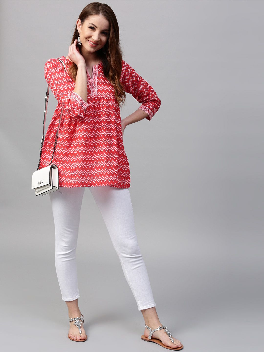 Gerua By Libas Red  White Printed Empire A-Line Kurti