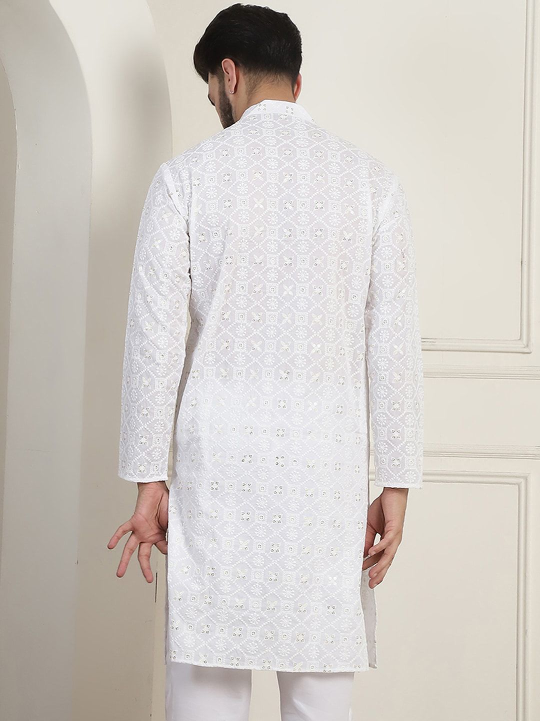 SOJANYA Ethnic Motifs Embroidered Mandarin Collar Sequined Pure Cotton Straight Kurta