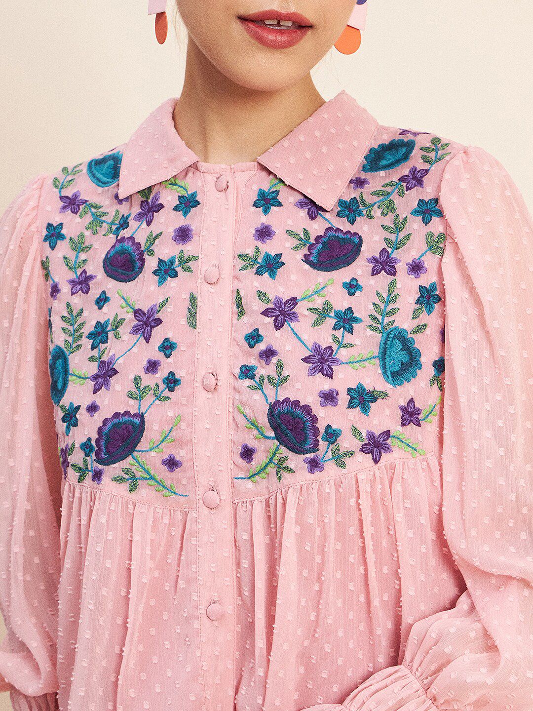 Antheaa Pink Self Design Embroidered Top & Palazzos