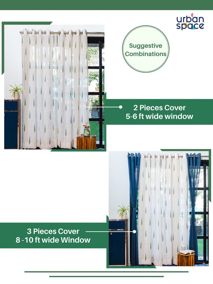 URBAN SPACE 2 Pieces White & Green Floral Sheer Door Curtain