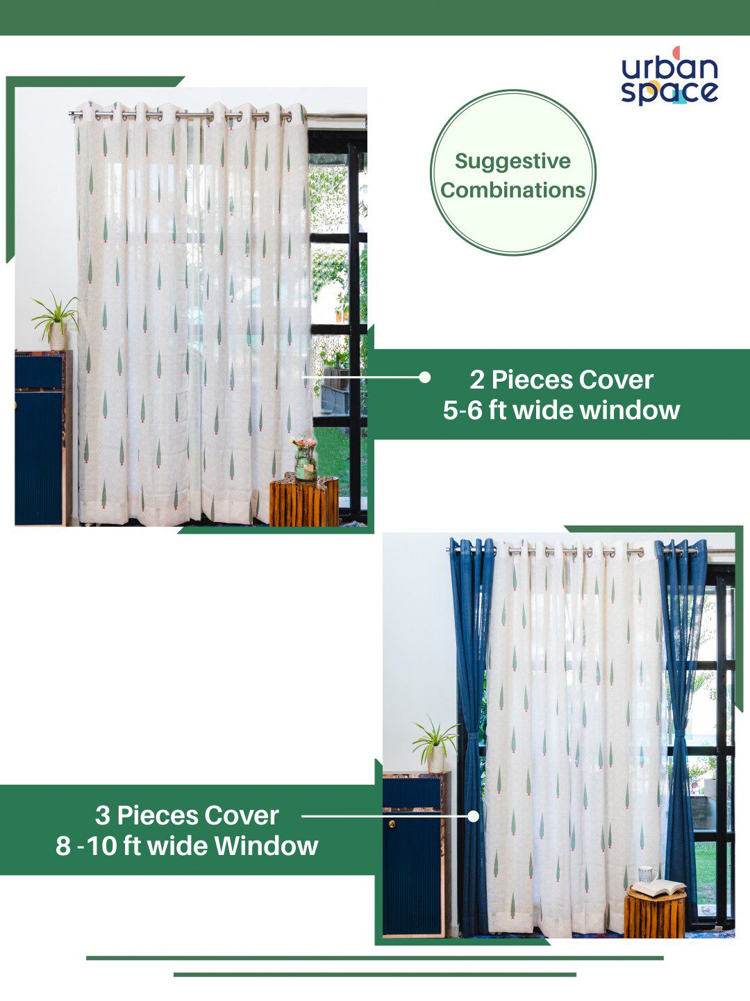 URBAN SPACE 2 Pieces White & Green Floral Sheer Door Curtain