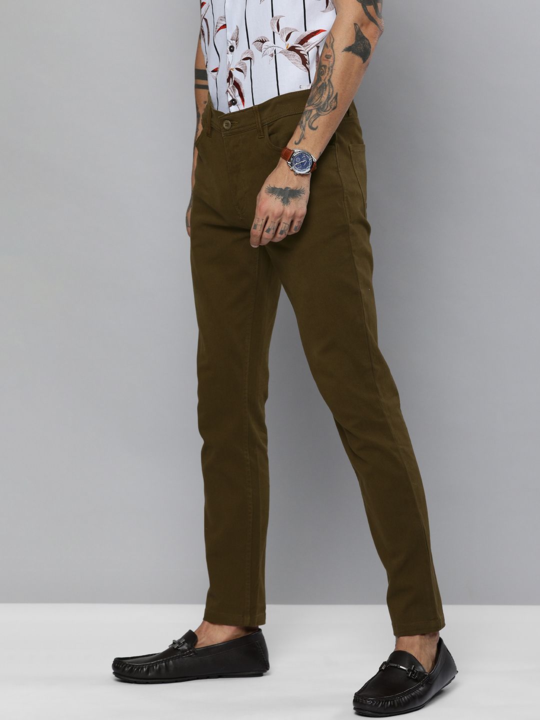 The Indian Garage Co Men Olive Brown Slim Fit Chinos Trousers