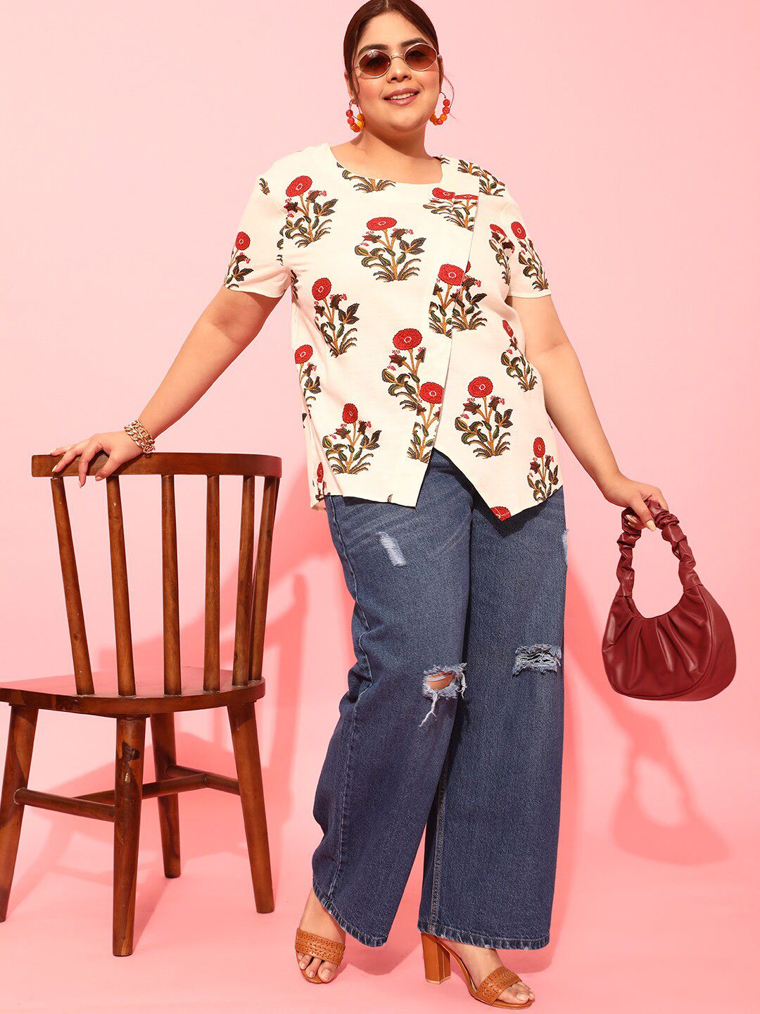 CURVY STREET Plus Size Floral Printed Square Neck Crepe Top