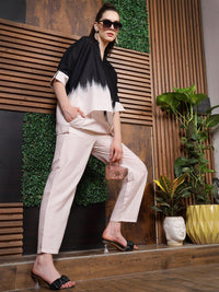 Athena Black Colourblocked Mandarin Collar Linen Top With Trousers