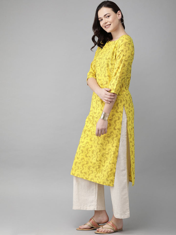 Anouk Women Yellow & Brown Printed Straight Kurta