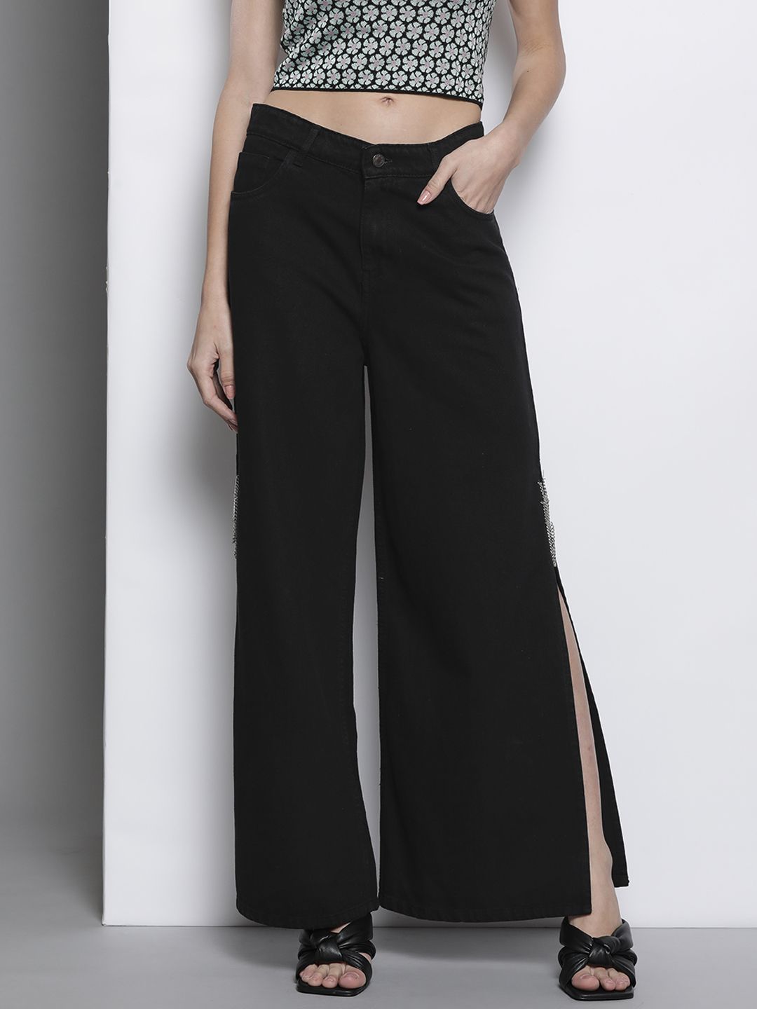 SASSAFRAS Women Black Flared High-Rise Cotton Chain Slit Jeans