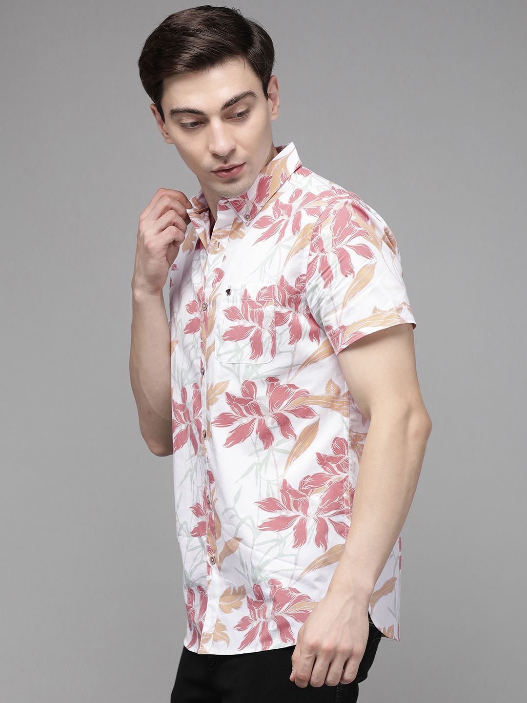 THE BEAR HOUSE Men White Slim Fit Floral Print Pure Cotton Casual Shirt