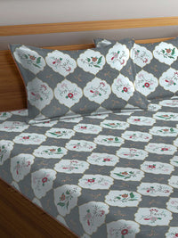 KLOTTHE Grey Floral Printed 300 TC Fitted Super King Double Bedsheet with 2 Pillow Covers