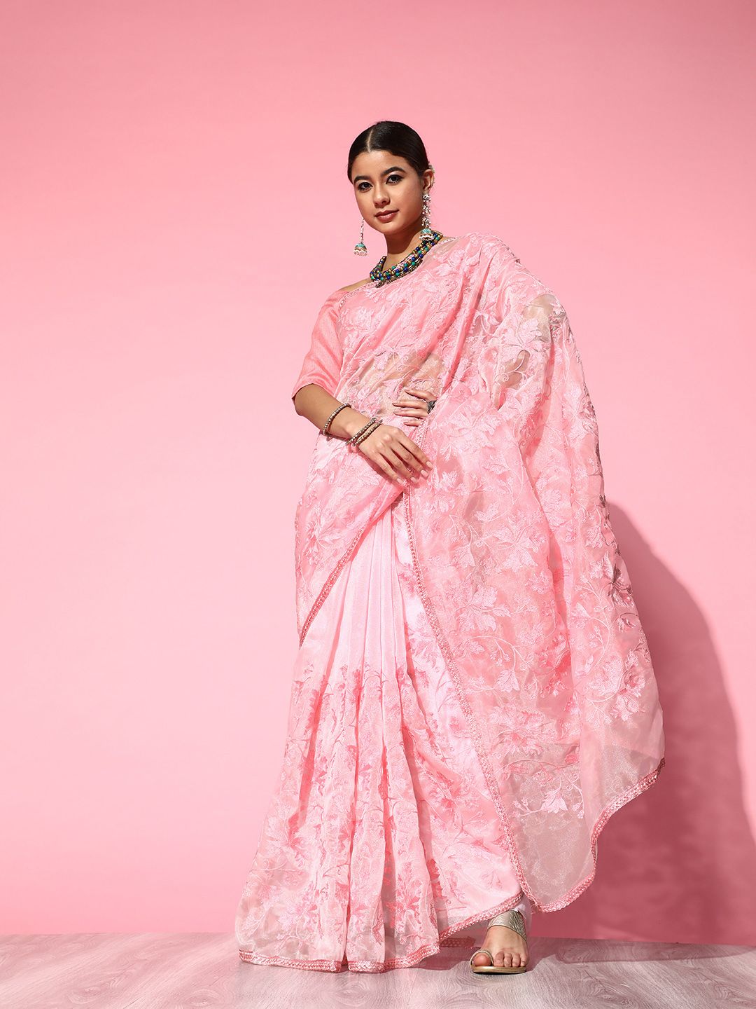 Saree mall Pink Floral Embroidered Organza Sarees