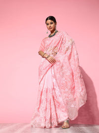 Saree mall Pink Floral Embroidered Organza Sarees