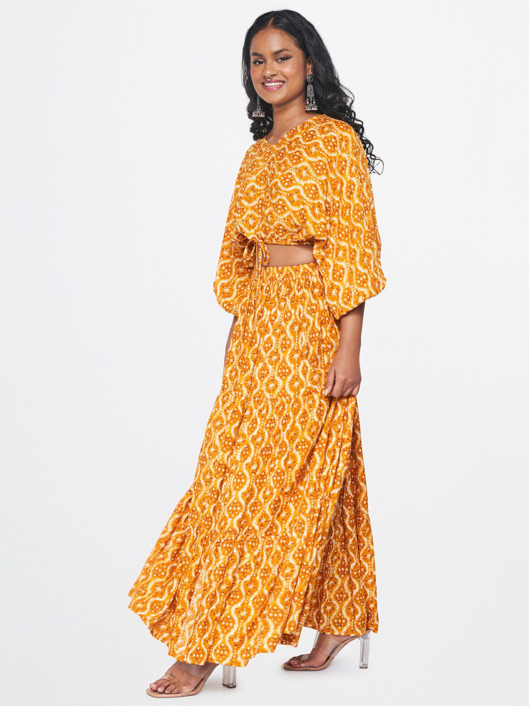Global Desi Printed V-Neck Top & Skirt