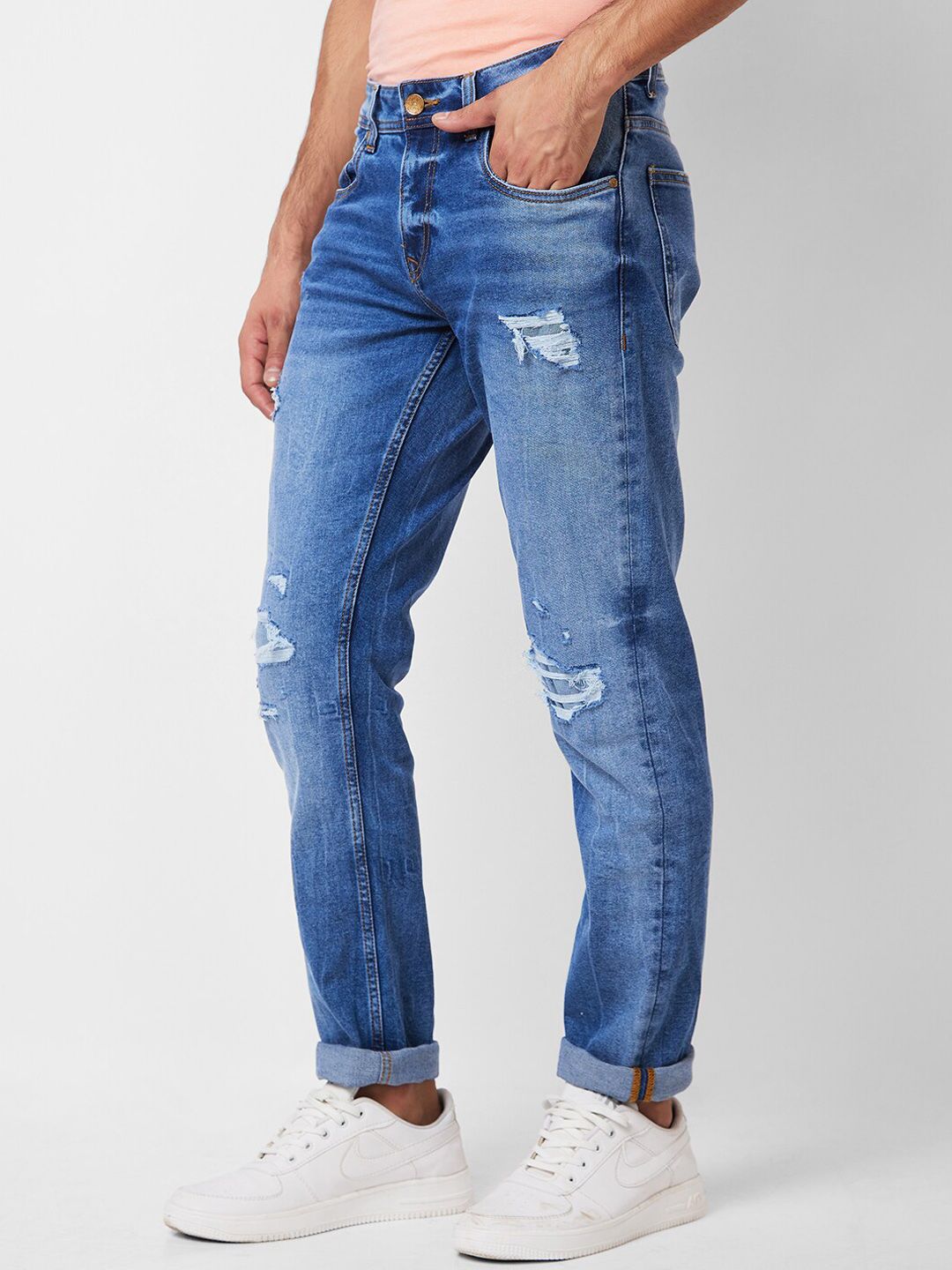 SPYKAR Men Skinny Fit Low-Rise Mildly Distressed Heavy Fade Jeans
