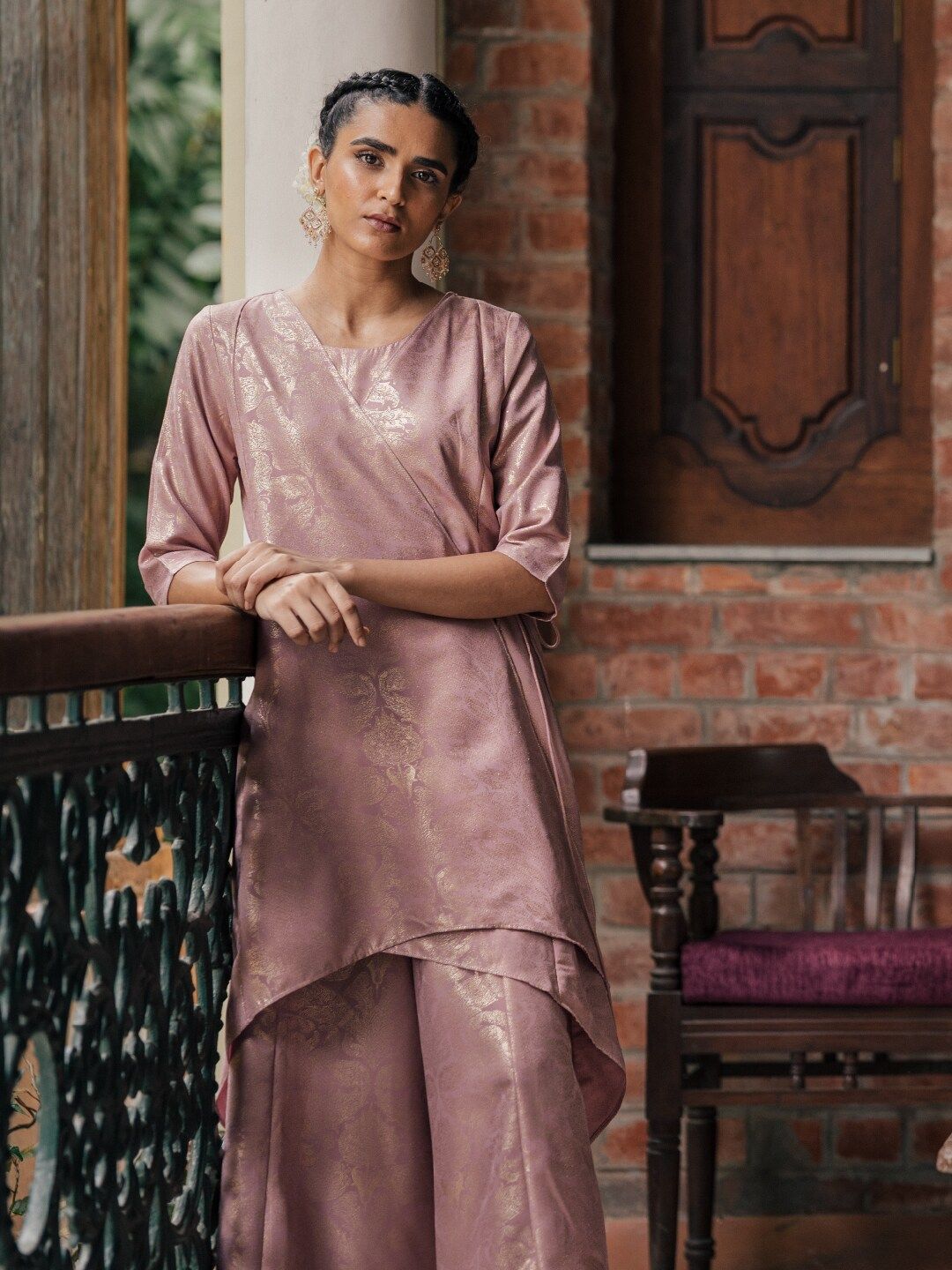 W Women Purple & Gold-Toned Printed Basic Jumpsuit